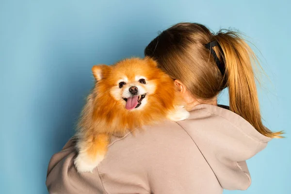 Привлекательная Молодая Девушка Обнимает Обнимает Свою Очаровательную Померанскую Собаку Шпица — стоковое фото