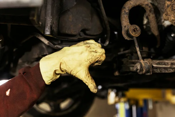 Close Oily Mechanic Hand Glove Gesturing Thumb Broken Car Bad — Stock Photo, Image