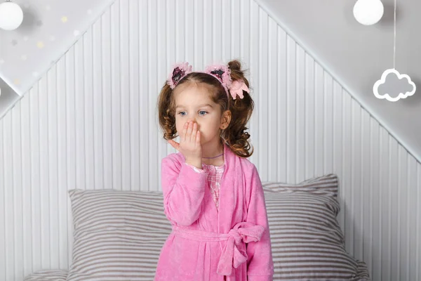 Charming Little Girl Pink Pajama Robe Sitting Bed Covering Her — Stock Photo, Image