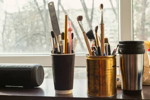 Windowsill Artist Studio Filled Old Containers Tin Cans Cups Brushes — Stock Photo, Image
