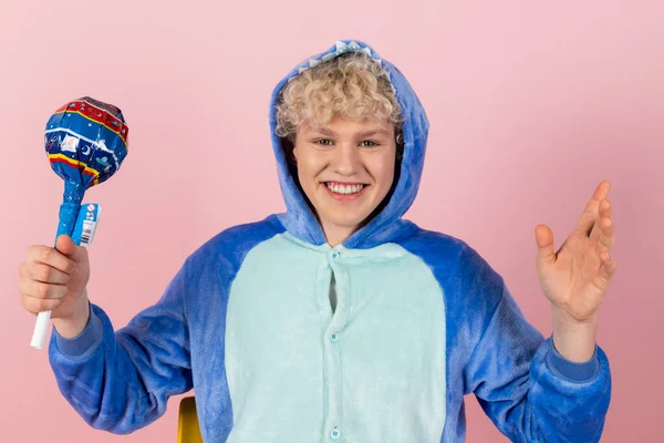 Curly Blond Guy Cute Funny Blue Pajamas Pretends Kid Holding — Stock Photo, Image