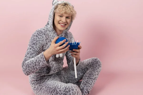 Curly Blond Guy Cute Funny Gray Spotted Animal Pajamas Pretends — Stock Photo, Image