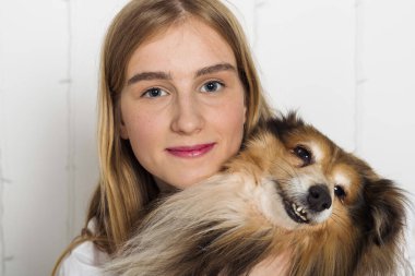 Sevimli Minyatür Sheltie köpeğinin ve sahibinin portresi, sevimli sarışın kız. Sahibi ve evcil hayvanı arasındaki güçlü dostluk ve sevgi.