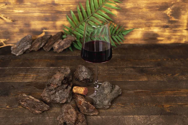 Weinglas Vor Hölzernem Hintergrund Mit Pflanzenblättern Und Zweigen — Stockfoto