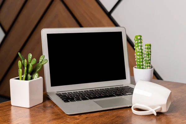 Modern Wood Office Desk Table Laptop Blank Notebook Mug Cactus — Stock Photo, Image
