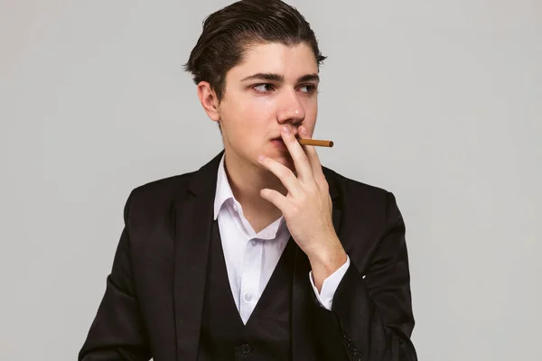Portrait Young Mafia Member Slicked Back Hair Dressed Black Suit — Stock Photo, Image