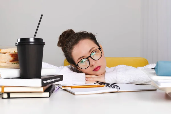 Young Female Student Placed Her Head Desk Studying Classroom Mess — Stock Photo, Image