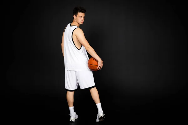 Handsome Young Basketball Player White Sportswear Holds Ball Isolated Black — Stock Photo, Image