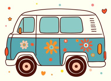 70 'ler Moda Hippi Minibüsü, Vektör Çizim İllüstrasyonu