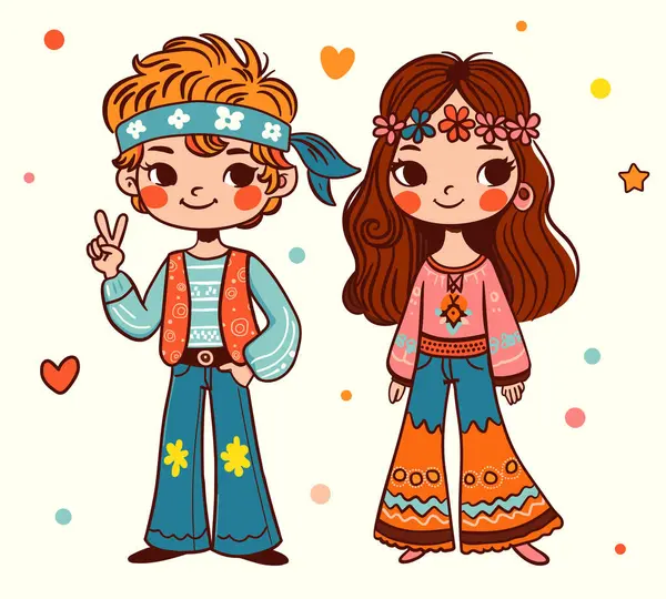 70S Groovy Hippie Young Boy Young Girl Vector Drawing Illustration — Stock Vector
