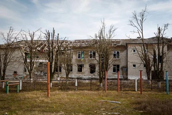 Zalyman Regione Kharkiv Ucraina 2023 Bombardamento Militare Russo Una Scuola — Foto Stock
