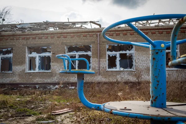Zalyman Kharkiv Region Ukraine 2023 Russian Military Shelling School Cultural 图库照片