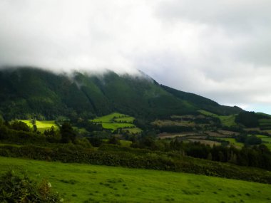 Azores adaları Sao Miguel 'in vahşi doğası. Bulutlu, sisli bir gün Azores için normal bir hava, Atlantik Okyanusu 'nda küçük bir takımada ve Portekiz' in otonom bölgesi için normal bir hava durumudur..
