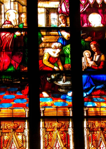 Biblische Szenen Auf Glasmalerei Bogensee Frombork Kunst Hintergrund Andreas Der — Stockfoto