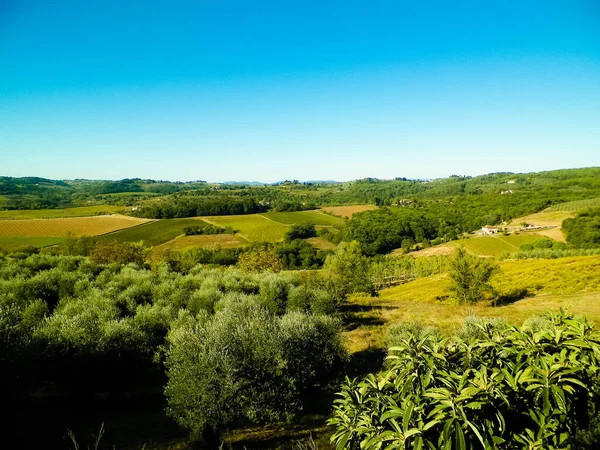 Hegyek Mezők Rétek Tipikus Kilátás Toszkánára Olaszországra Utazás Természet Mezőgazdaság — Stock Fotó
