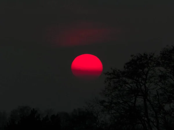 stock image Amazing red moon over polish country landscape. Nature concept. Copy space.