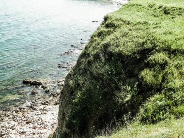 Karadeniz kıyısındaki kayalıklarda yeşil çimenler. Romanya 'nın Dobrogea bölgesinin Vama Veche kentindeki kayalıkların manzarası ve plajlar. Doğa ve seyahat kavramı.
