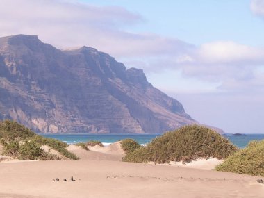 Plaj ve Dağlar - Caleta de Famara 'nın güzel kıyıları, Lanzarote Kanarya Adaları. Caleta de Famara 'daki plaj sörfçüler arasında çok popüler..