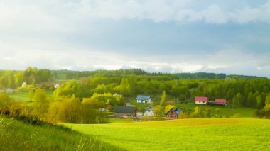 Yeşil tarla ve tepeler. Kuzey Polonya doğası. Seyahat ve doğa kavramı.