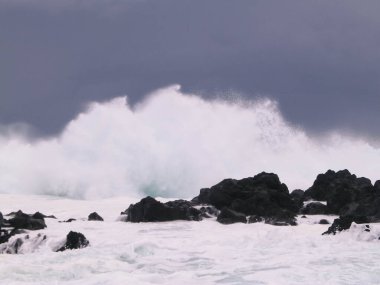 Dalgalar kayalara çarpıyor. Sao Miguel 'de rüzgarlı bir hava var, Azores. Piscinas Naturais Caneiros Doğal Parkı.