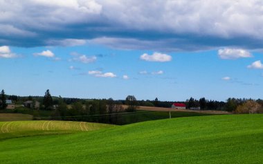Tarlaların ve çayırların üzerindeki bulutlu gökyüzü. Kashubia 'da ilkbahar. Polonya.