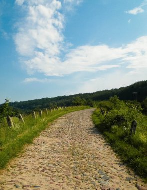 Wiezyca, Polonya 'daki tarlaların içinden. Kashubia doğası - Kuzey Polonya 'nın güzel bölgesi.