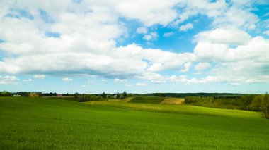 Kashubia bölgesindeki yeşil alanlar, Kuzey Polonya. Bulutlu bir gün, seyahat ve doğa konsepti.