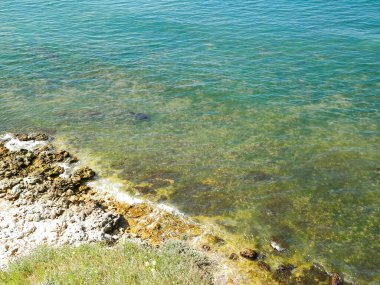 Karadeniz 'in kıyısındaki uçurumdan bak. Karadeniz 'in güzel şeffaf suyu, keşif ve doğa konsepti, Romanya ve Dobrogea bölgesi.