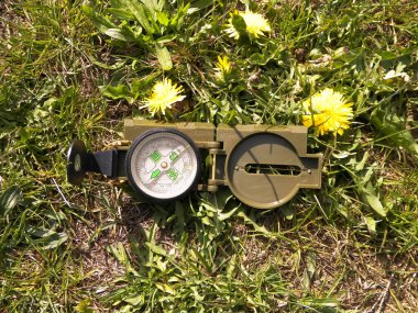 Çayırdaki pusula, seyahat ve tatil konsepti. Yaz zamanı, keşif ve yaz zamanı..