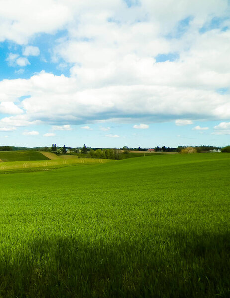 Green fields in Kashubia region - Northern Poland. Cloudy day, travel and nature concept.