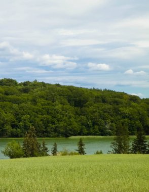 Field ve Ostrzyckie Gölü arka planda. Wiezyca Doğa, Kashubian Bölgesi, Polonya. Doğa, seyahat ve tarım kavramı.