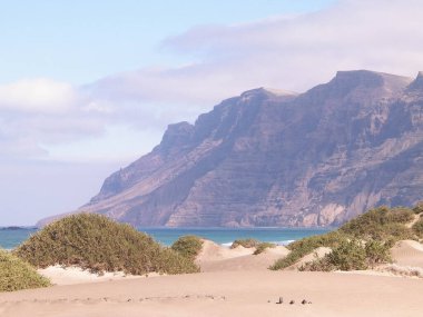 Plaj ve Dağlar - Caleta de Famara 'nın güzel kıyıları, Lanzarote Kanarya Adaları. Caleta de Famara 'daki plaj sörfçüler arasında çok popüler..
