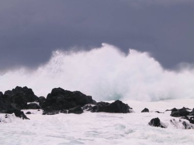 Dalgalar kayalara çarpıyor. Sao Miguel 'de rüzgarlı bir hava var, Azores. Piscinas Naturais Caneiros Doğal Parkı.