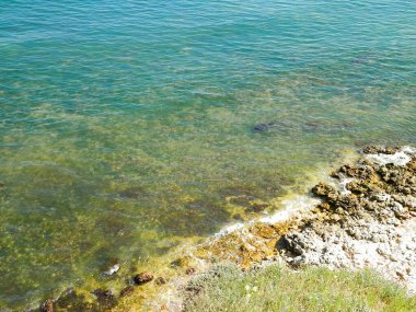 Karadeniz 'in kıyısındaki uçurumdan bak. Karadeniz 'in güzel şeffaf suyu, keşif ve doğa konsepti, Romanya ve Dobrogea bölgesi.