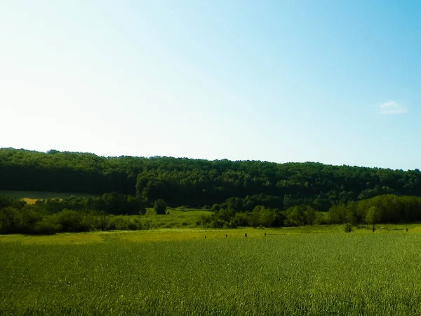 stock image Landscape of meadow and hills in Wiezyca, Kashubian Region, Poland. Tourism and exploration concept.