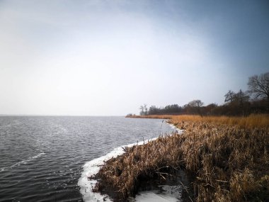 Jamno Gölü kıyısında. Kuzey Polonya doğası. Jamno, Lazy, Mielno ve Baltık Denizi 'ne yakın büyük bir göldür. Seyahat ve keşif konsepti.