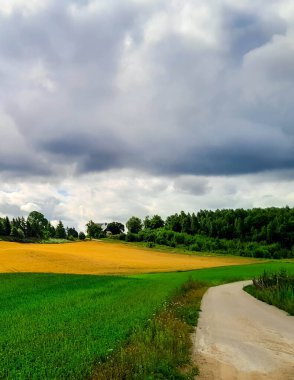 Kashubia Polonya 'da bulutlu bir gün. Bulutlar tepelerin üzerinde toplanıyor. Fırtına geliyormuş. Kuzey Polonya 'nın güzelliği. Pomerania Kashubia Wiezyca Bölgesi.