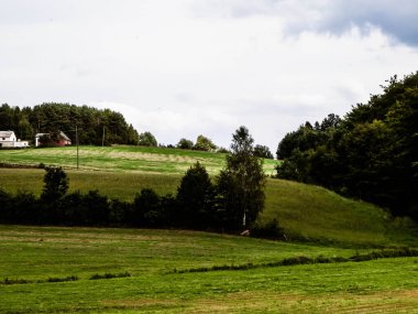 Green hills and forest - landscape of Kashubian Region, Poland. Travel and nature concept.