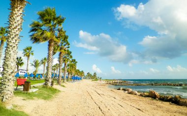 Kıbrıs adasındaki Paphos 'ta park alanı ve plaj. Egzotik iklim ve seyahat kavramı.