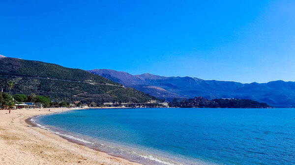 Montenegrin coast in Budva at spring. Popular tourist region. Adriatic Sea.