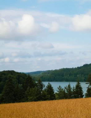 Wiezyca 'daki Ostrzyckie Gölü. Kuzey Polonya 'daki Kashubia Bölgesi yaz ve kış aylarında çok popüler bir turizm merkezidir..