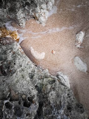 Doğal bir arka plan olarak kıyı kayaları ve deniz suyu. Boşluğu kopyala.