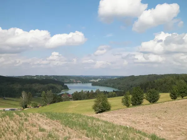 stock image Beautiful view of Ostrzyckie Lake and hills of Wiezyca Region, Pomerania, Kashubia, Poland.