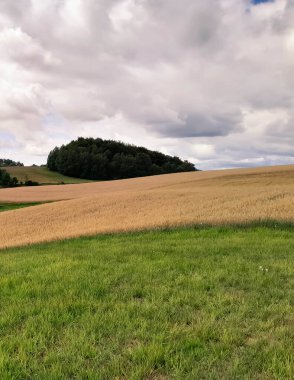 Kashubia Polonya 'da bulutlu bir gün. Bulutlar tepelerin üzerinde toplanıyor. Fırtına geliyormuş. Kuzey Polonya 'nın güzelliği. Pomerania Kashubia Wiezyca Bölgesi.