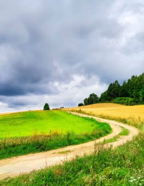 Kashubia Polonya 'da bulutlu bir gün. Bulutlar tepelerin üzerinde toplanıyor. Fırtına geliyormuş. Kuzey Polonya 'nın güzelliği. Pomerania Kashubia Wiezyca Bölgesi.
