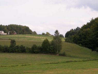 Green hills and forest - landscape of Kashubian Region, Poland. Travel and nature concept.