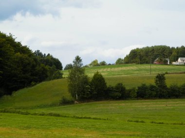 Green hills and forest - landscape of Kashubian Region, Poland. Travel and nature concept.