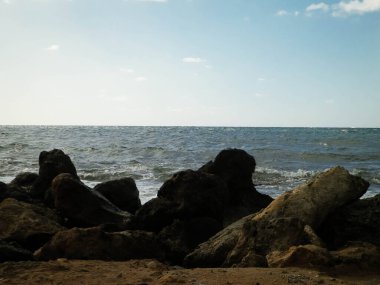 Akdeniz kıyısındaki kayalar. Kıbrıs Adası. Güneşli bir gün.