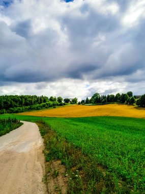 Kashubia Polonya 'da bulutlu bir gün. Bulutlar tepelerin üzerinde toplanıyor. Fırtına geliyormuş. Kuzey Polonya 'nın güzelliği. Pomerania Kashubia Wiezyca Bölgesi.