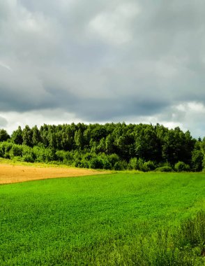 Kashubia Polonya 'da bulutlu bir gün. Bulutlar tepelerin üzerinde toplanıyor. Fırtına geliyormuş. Kuzey Polonya 'nın güzelliği. Pomerania Kashubia Wiezyca Bölgesi.